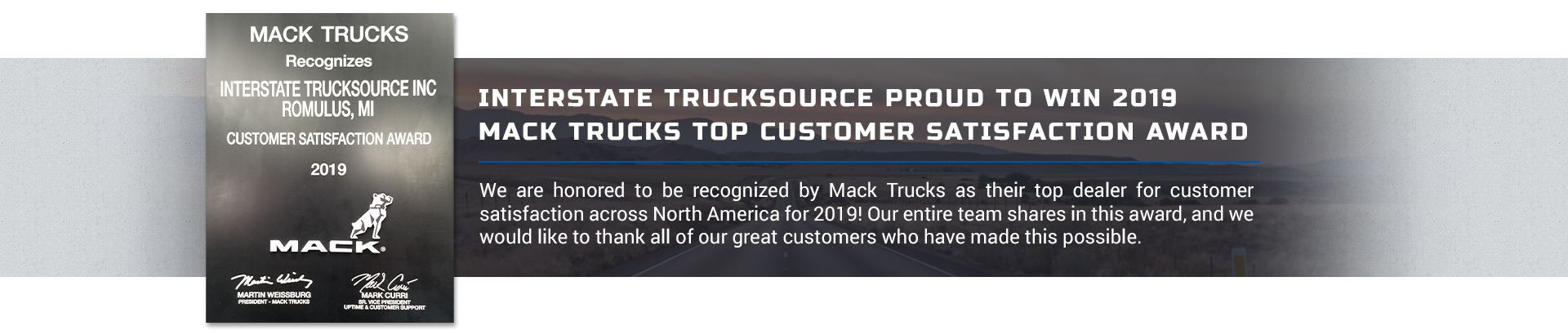 Interstate Trucksource proud to win 2019 Mac trucks Top Customer Satisfaction Award